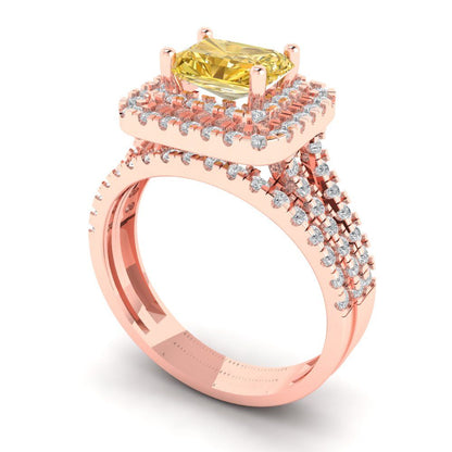 3.05 cttw Emerald Cut Natural Citrine Bridal Set - Solid Rose Gold Engagement Ring & Wedding Band