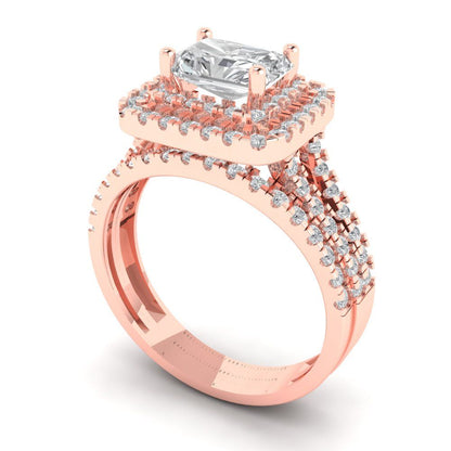 3.05 cttw Emerald Cut White Sapphire Bridal Set - Solid Rose Gold Engagement Ring & Wedding Band