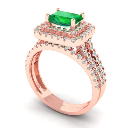 3.05 cttw Emerald Cut Simulated Emerald Bridal Set - Solid Rose Gold Engagement Ring & Wedding Band