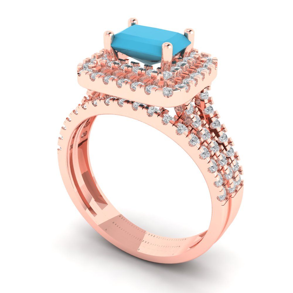 3.05 cttw Emerald Cut Simulated Turquoise Bridal Set - Solid Rose Gold Engagement Ring & Wedding Band