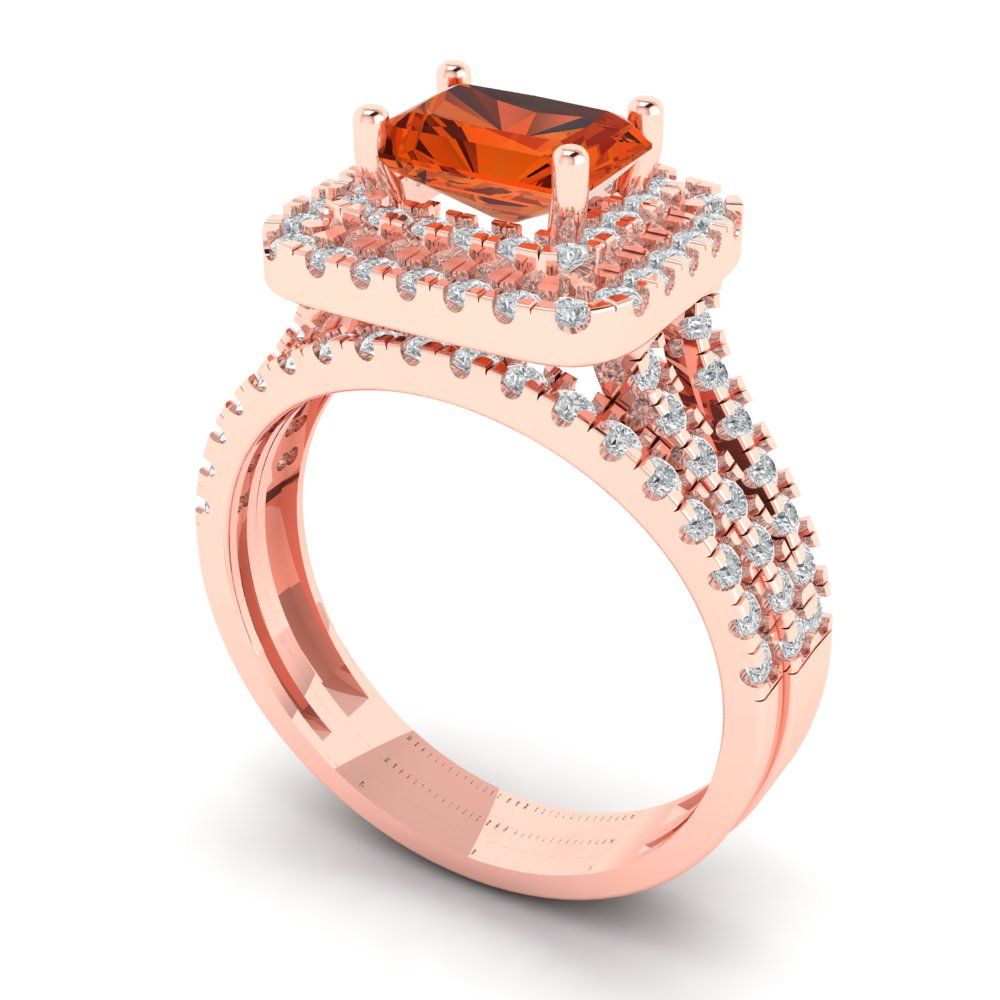 3.05 cttw Emerald Cut Simulated Red Diamond Bridal Set - Solid Rose Gold Engagement Ring & Wedding Band