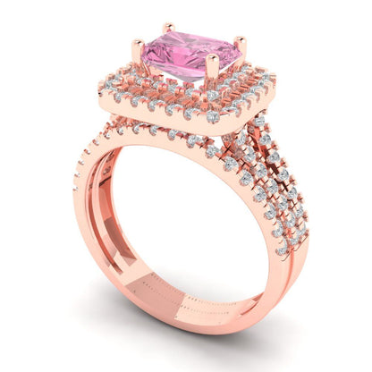 3.05 cttw Emerald Cut Simulated Pink Diamond Bridal Set - Solid Rose Gold Engagement Ring & Wedding Band