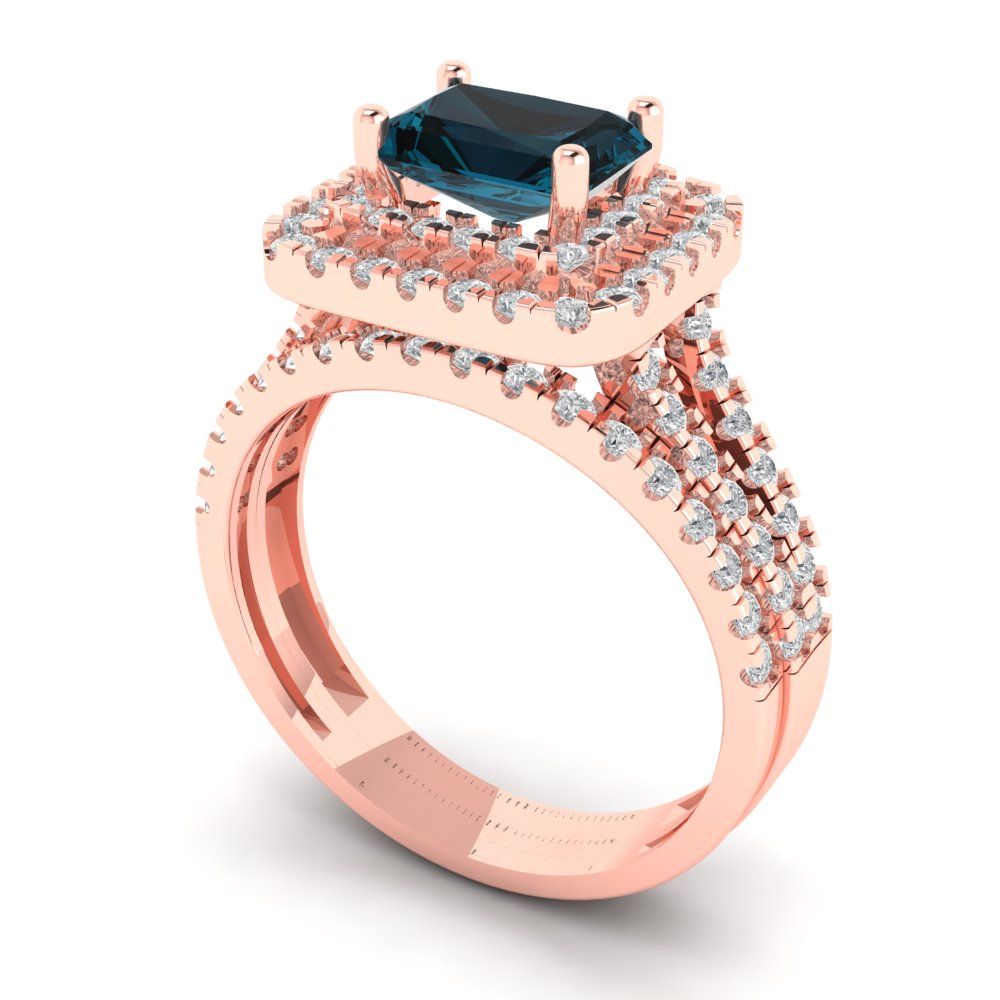 3.05 cttw Emerald Cut Natural London Blue Topaz Bridal Set - Solid Rose Gold Engagement Ring & Wedding Band