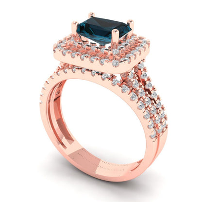 3.05 cttw Emerald Cut Natural London Blue Topaz Bridal Set - Solid Rose Gold Engagement Ring & Wedding Band