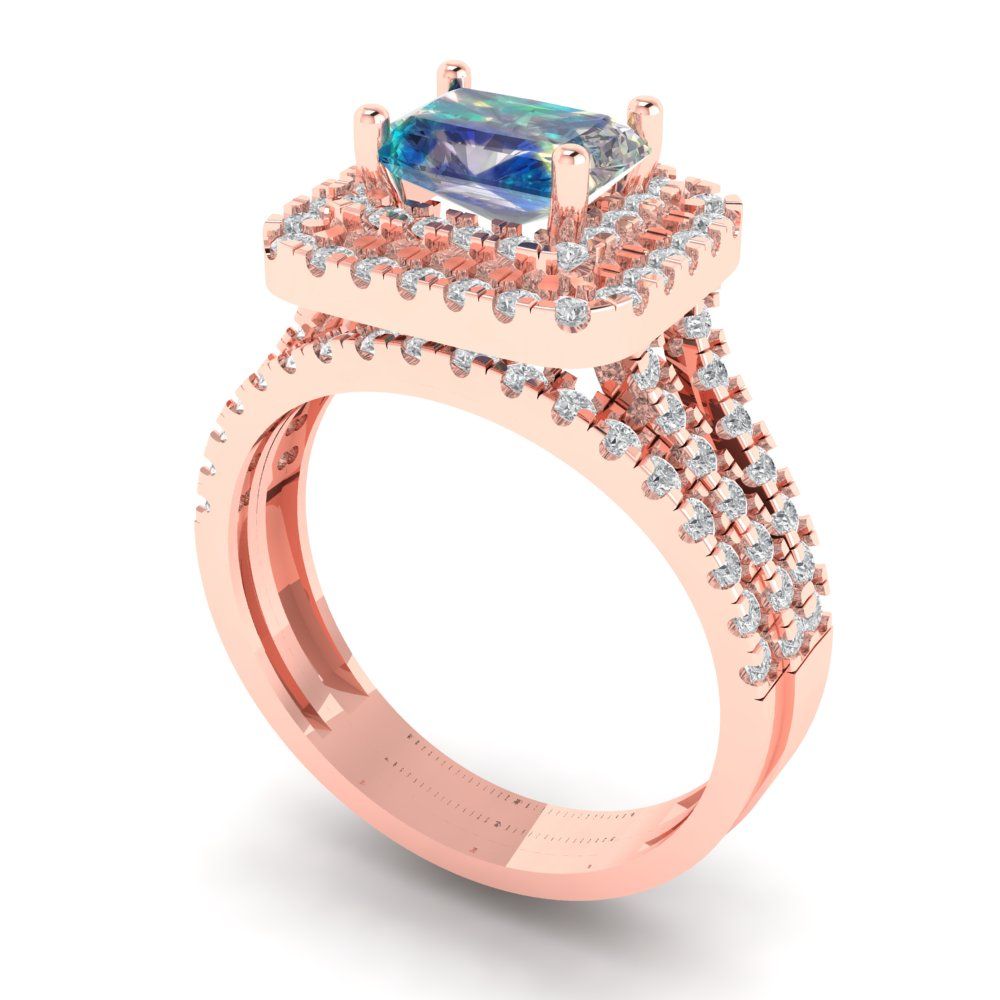3.05 cttw Emerald Cut Blue Moissanite Bridal Set - Solid Rose Gold Engagement Ring & Wedding Band