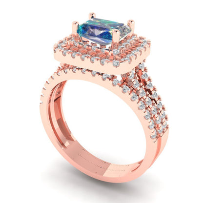 3.05 cttw Emerald Cut Blue Moissanite Bridal Set - Solid Rose Gold Engagement Ring & Wedding Band