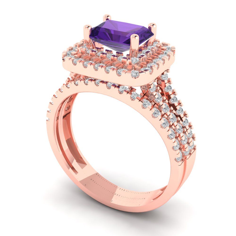 3.05 cttw Emerald Cut Natural Amethyst Bridal Set - Solid Rose Gold Engagement Ring & Wedding Band
