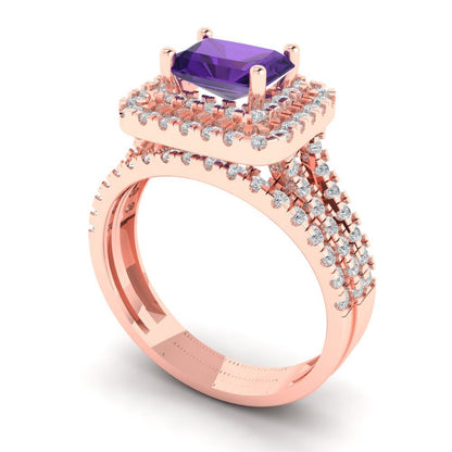 3.05 cttw Emerald Cut Natural Amethyst Bridal Set - Solid Rose Gold Engagement Ring & Wedding Band