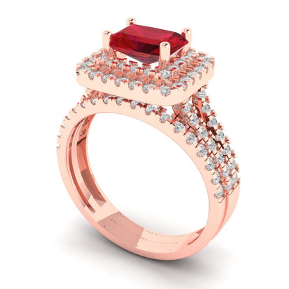 3.05 cttw Emerald Cut Simulated Ruby Bridal Set - Solid Rose Gold Engagement Ring & Wedding Band