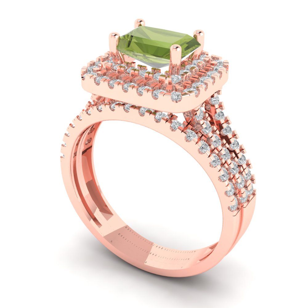 3.05 cttw Emerald Cut Natural Peridot Bridal Set - Solid Rose Gold Engagement Ring & Wedding Band