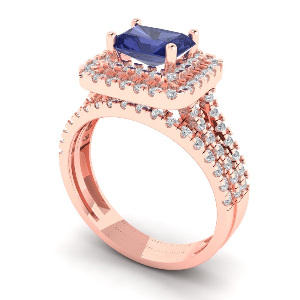3.05 cttw Emerald Cut Simulated Tanzanite Bridal Set - Solid Rose Gold Engagement Ring & Wedding Band