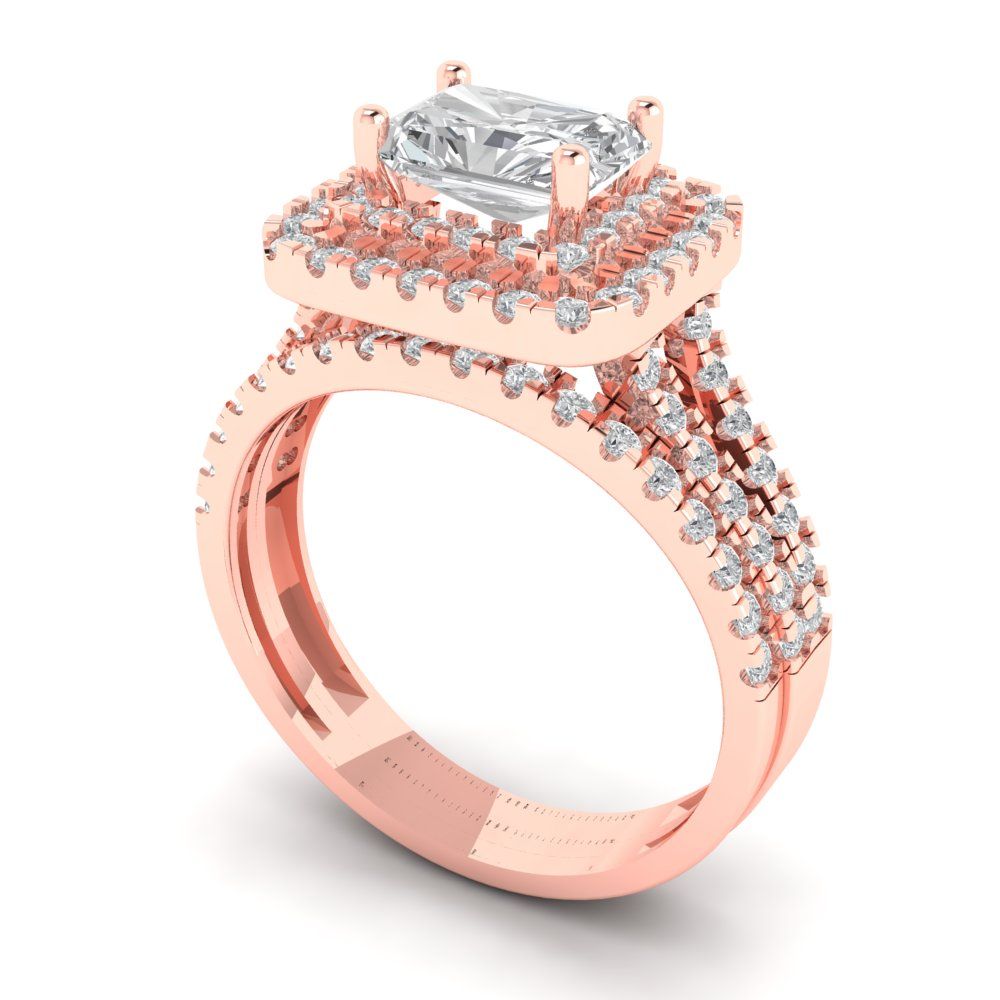 3.05 cttw Emerald Cut Zirconia Simulated Diamond Bridal Set - Solid Rose Gold Engagement Ring & Wedding Band