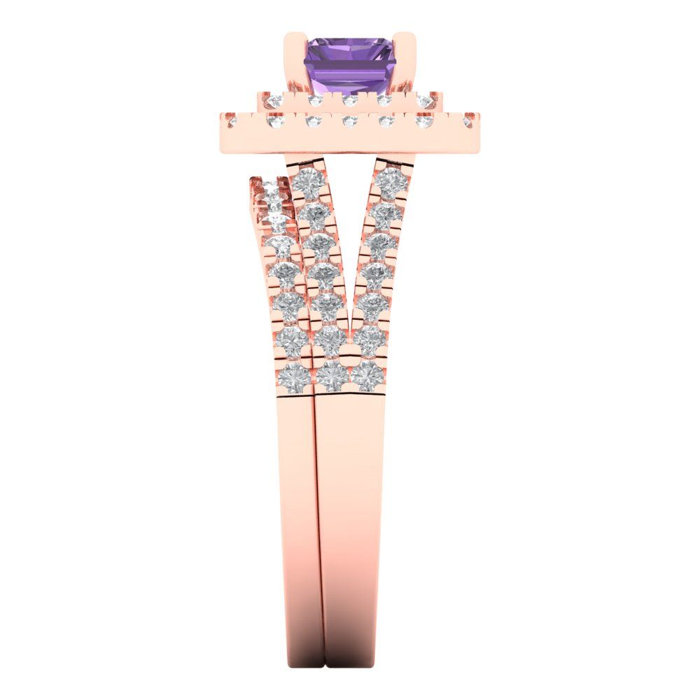 3.05 cttw Emerald Cut Simulated Alexandrite Bridal Set - Solid Rose Gold Engagement Ring & Wedding Band