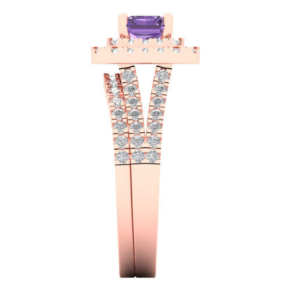 3.05 cttw Emerald Cut Simulated Alexandrite Bridal Set - Solid Rose Gold Engagement Ring & Wedding Band