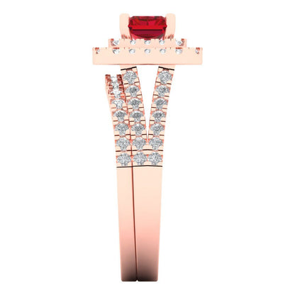3.05 cttw Emerald Cut Simulated Ruby Bridal Set - Solid Rose Gold Engagement Ring & Wedding Band