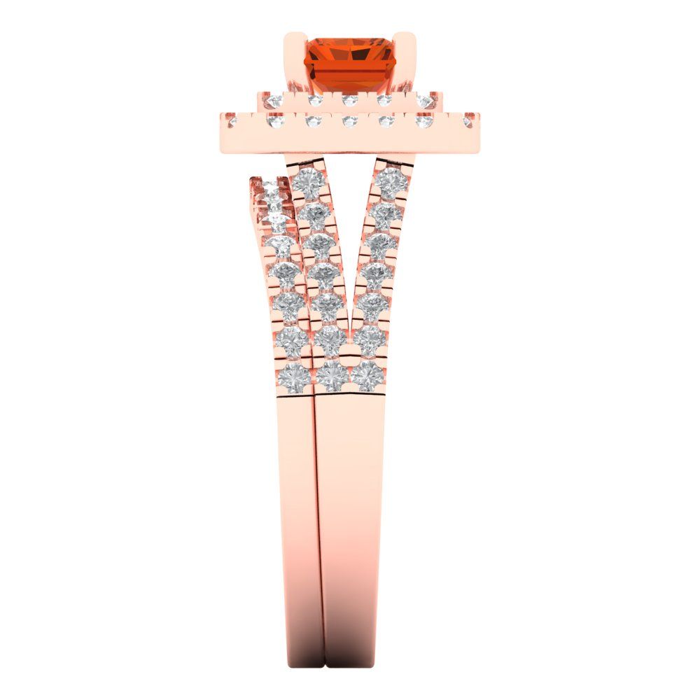 3.05 cttw Emerald Cut Simulated Red Diamond Bridal Set - Solid Rose Gold Engagement Ring & Wedding Band