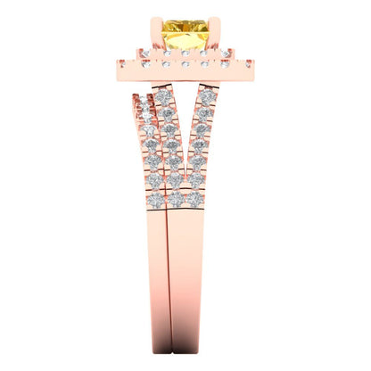 3.05 cttw Emerald Cut Natural Citrine Bridal Set - Solid Rose Gold Engagement Ring & Wedding Band
