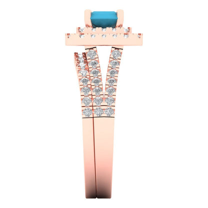3.05 cttw Emerald Cut Simulated Turquoise Bridal Set - Solid Rose Gold Engagement Ring & Wedding Band