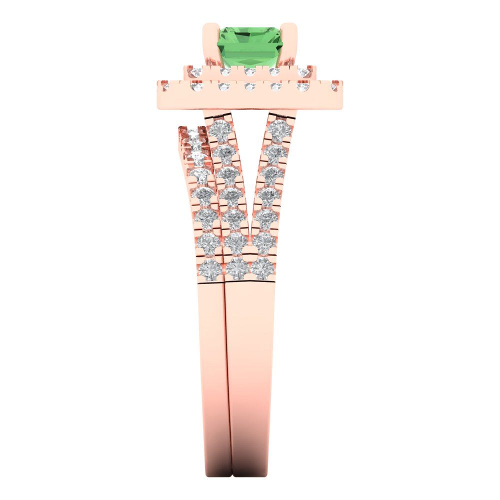 3.05 cttw Emerald Cut Simulated Green Diamond Bridal Set - Solid Rose Gold Engagement Ring & Wedding Band