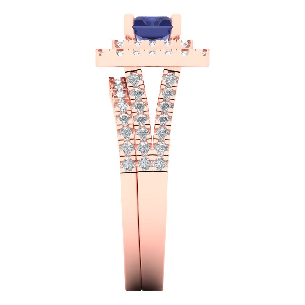 3.05 cttw Emerald Cut Simulated Tanzanite Bridal Set - Solid Rose Gold Engagement Ring & Wedding Band