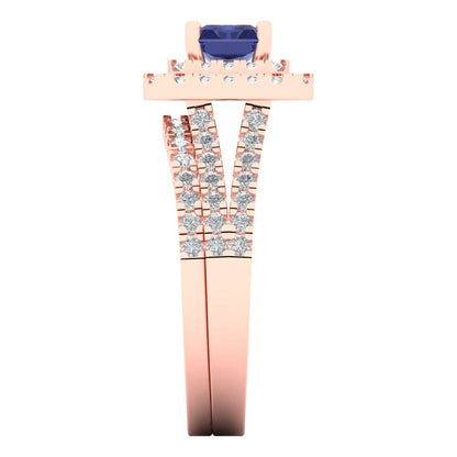 3.05 cttw Emerald Cut Simulated Tanzanite Bridal Set - Solid Rose Gold Engagement Ring & Wedding Band