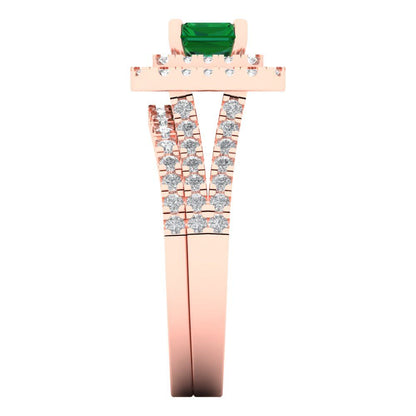 3.05 cttw Emerald Cut Simulated Emerald Bridal Set - Solid Rose Gold Engagement Ring & Wedding Band