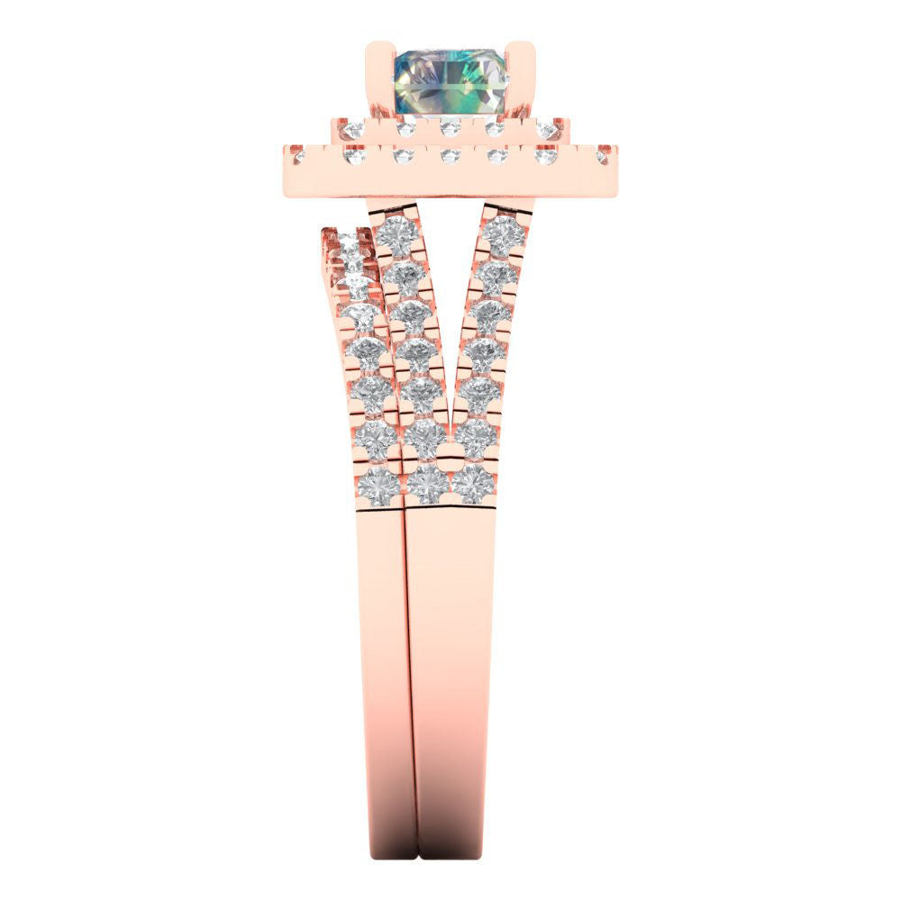 3.05 cttw Emerald Cut Blue Moissanite Bridal Set - Solid Rose Gold Engagement Ring & Wedding Band