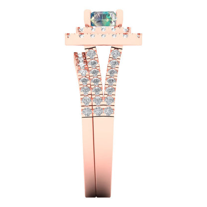 3.05 cttw Emerald Cut Blue Moissanite Bridal Set - Solid Rose Gold Engagement Ring & Wedding Band