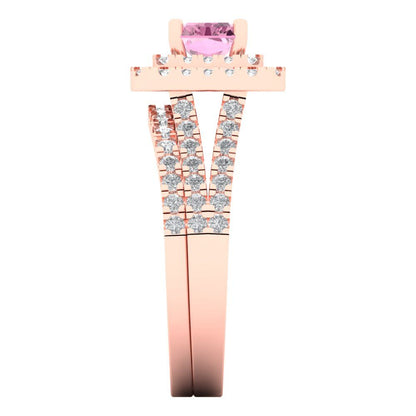 3.05 cttw Emerald Cut Simulated Pink Diamond Bridal Set - Solid Rose Gold Engagement Ring & Wedding Band