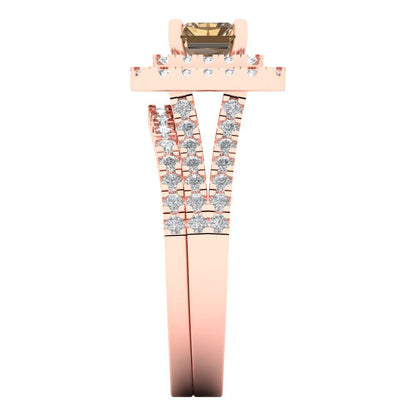 3.05 cttw Emerald Cut Simulated Champagne Diamond Bridal Set - Solid Rose Gold Engagement Ring & Wedding Band