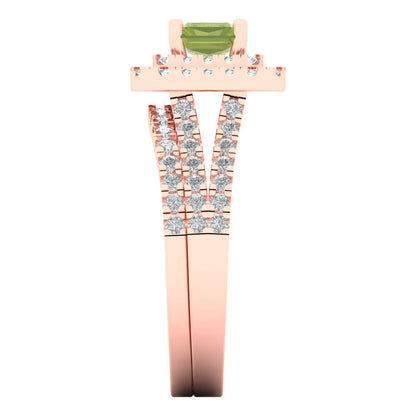 3.05 cttw Emerald Cut Natural Peridot Bridal Set - Solid Rose Gold Engagement Ring & Wedding Band