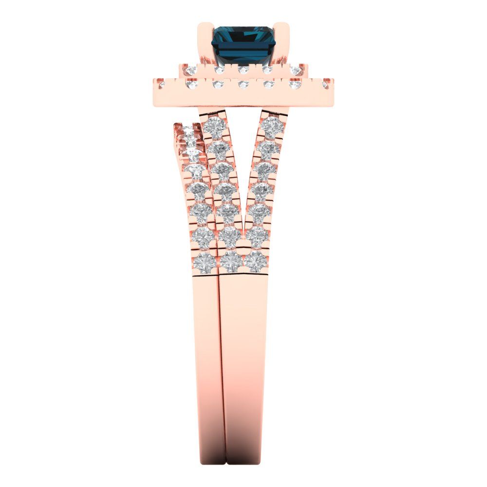 3.05 cttw Emerald Cut Natural London Blue Topaz Bridal Set - Solid Rose Gold Engagement Ring & Wedding Band