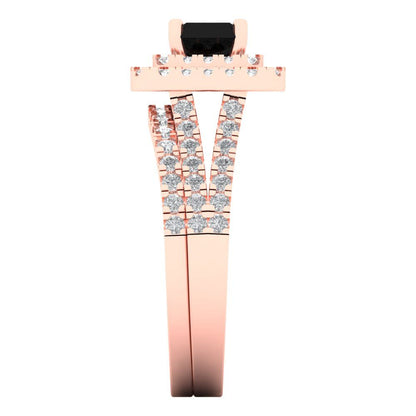 3.05 cttw Emerald Cut Natural Onyx Bridal Set - Solid Rose Gold Engagement Ring & Wedding Band