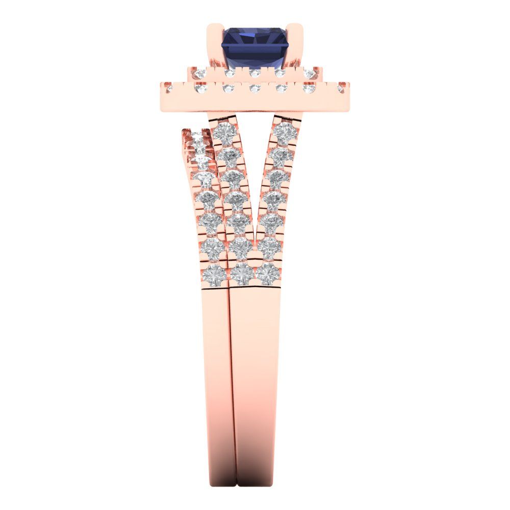 3.05 cttw Emerald Cut Simulated Blue Sapphire Bridal Set - Solid Rose Gold Engagement Ring & Wedding Band
