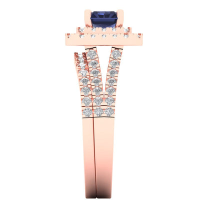 3.05 cttw Emerald Cut Simulated Blue Sapphire Bridal Set - Solid Rose Gold Engagement Ring & Wedding Band