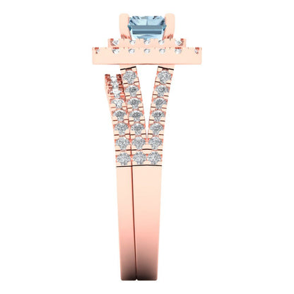3.05 cttw Emerald Cut Natural Swiss Blue Topaz Bridal Set - Solid Rose Gold Engagement Ring & Wedding Band