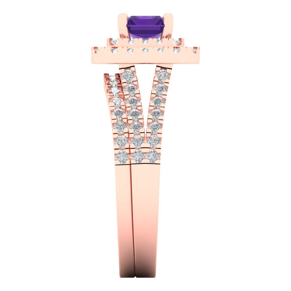 3.05 cttw Emerald Cut Natural Amethyst Bridal Set - Solid Rose Gold Engagement Ring & Wedding Band