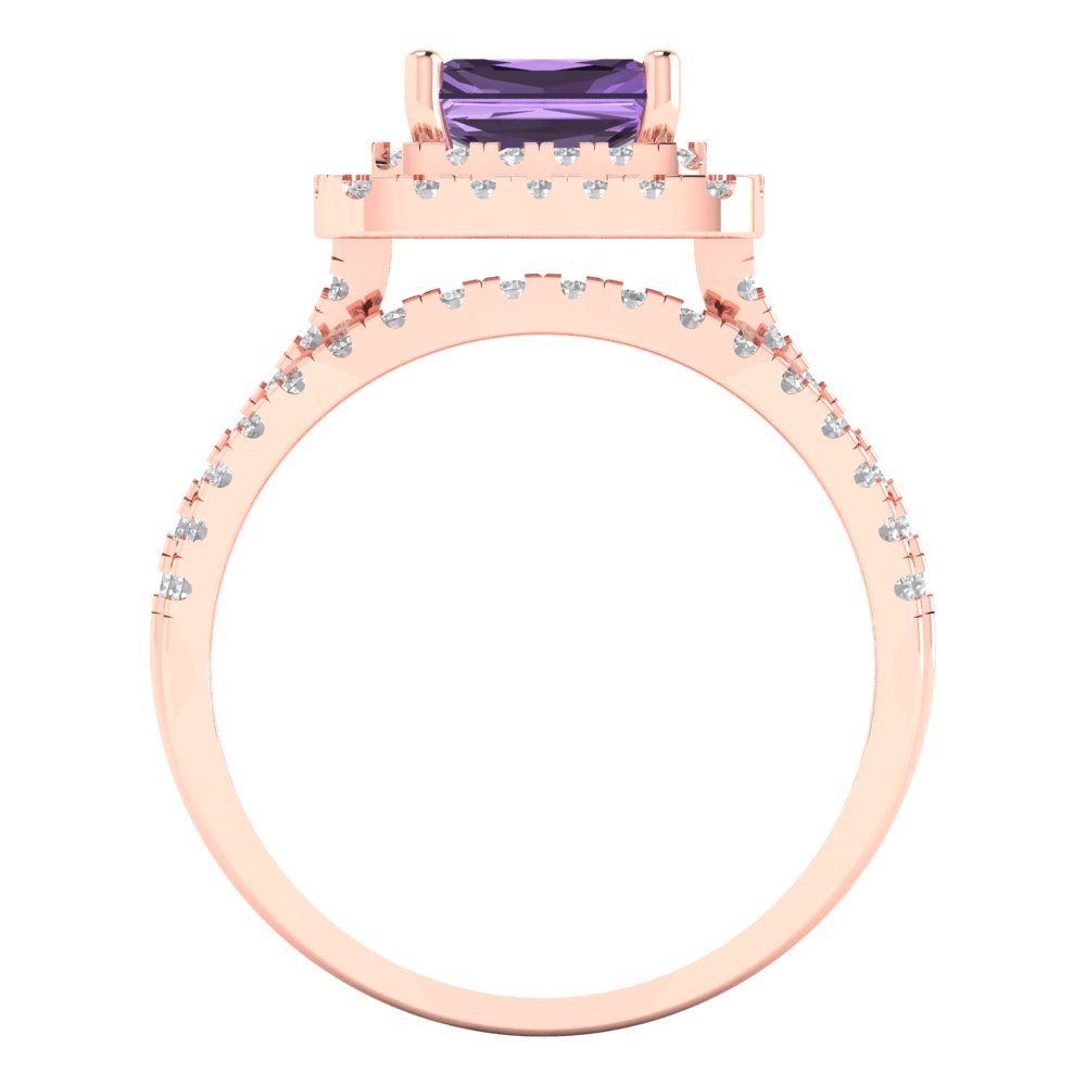 3.05 cttw Emerald Cut Simulated Alexandrite Bridal Set - Solid Rose Gold Engagement Ring & Wedding Band