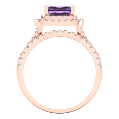 3.05 cttw Emerald Cut Simulated Alexandrite Bridal Set - Solid Rose Gold Engagement Ring & Wedding Band