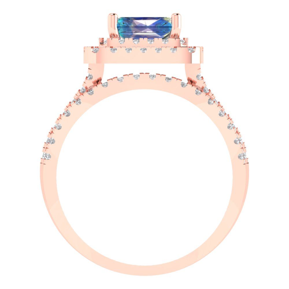 3.05 cttw Emerald Cut Blue Moissanite Bridal Set - Solid Rose Gold Engagement Ring & Wedding Band