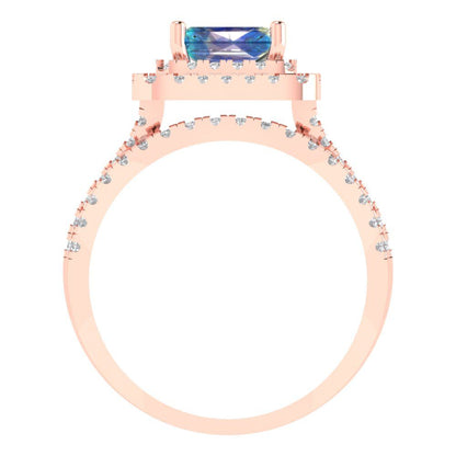 3.05 cttw Emerald Cut Blue Moissanite Bridal Set - Solid Rose Gold Engagement Ring & Wedding Band