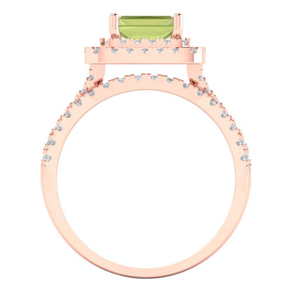 3.05 cttw Emerald Cut Natural Peridot Bridal Set - Solid Rose Gold Engagement Ring & Wedding Band