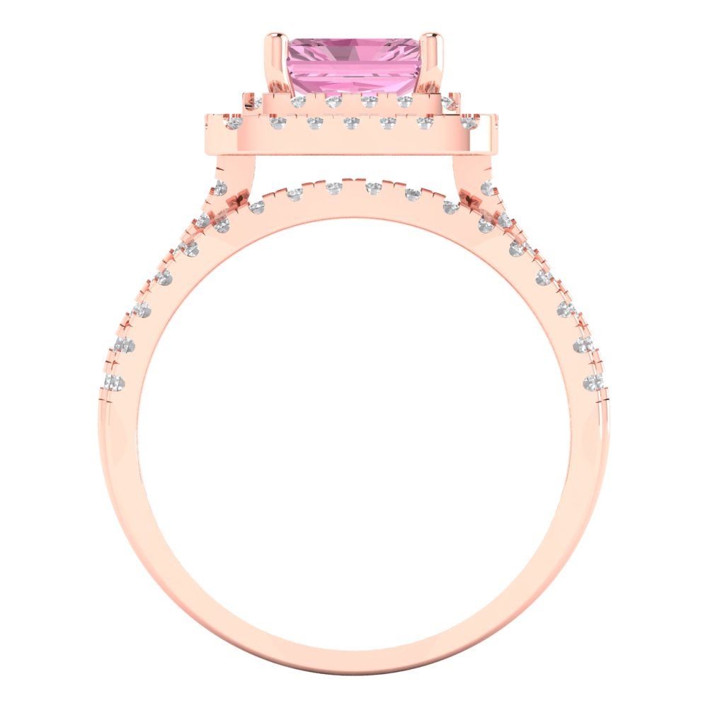 3.05 cttw Emerald Cut Simulated Pink Diamond Bridal Set - Solid Rose Gold Engagement Ring & Wedding Band