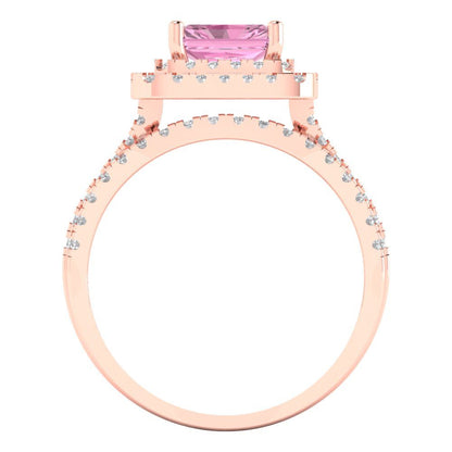 3.05 cttw Emerald Cut Simulated Pink Diamond Bridal Set - Solid Rose Gold Engagement Ring & Wedding Band