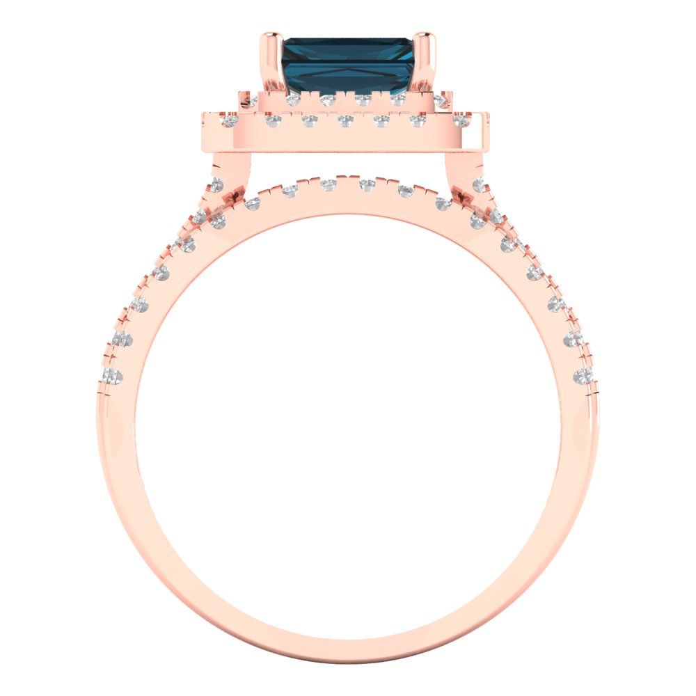 3.05 cttw Emerald Cut Natural London Blue Topaz Bridal Set - Solid Rose Gold Engagement Ring & Wedding Band