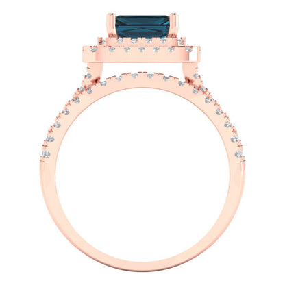 3.05 cttw Emerald Cut Natural London Blue Topaz Bridal Set - Solid Rose Gold Engagement Ring & Wedding Band