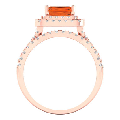 3.05 cttw Emerald Cut Simulated Ruby Bridal Set - Solid Rose Gold Engagement Ring & Wedding Band
