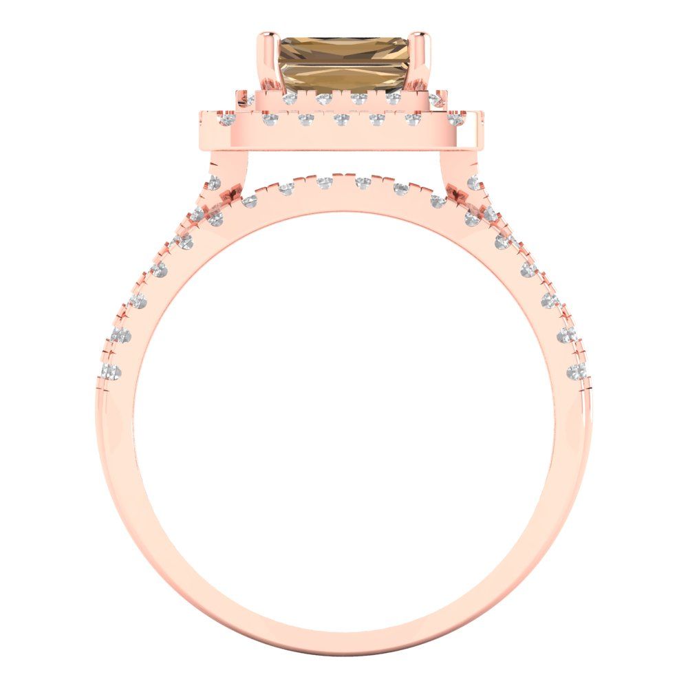 3.05 cttw Emerald Cut Simulated Champagne Diamond Bridal Set - Solid Rose Gold Engagement Ring & Wedding Band