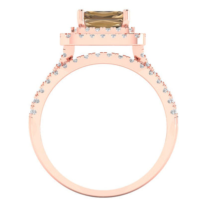 3.05 cttw Emerald Cut Simulated Champagne Diamond Bridal Set - Solid Rose Gold Engagement Ring & Wedding Band