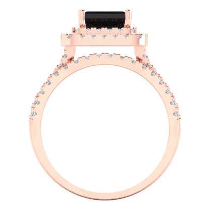 3.05 cttw Emerald Cut Natural Onyx Bridal Set - Solid Rose Gold Engagement Ring & Wedding Band